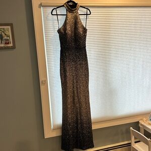 Betsy & Adam sequin gown dark blue and silver